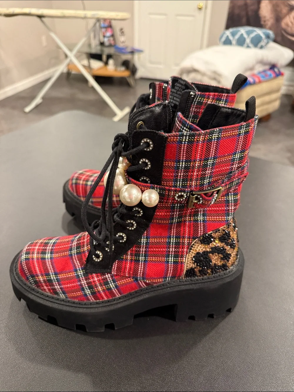 Betsey Johnson Red Plaid Lace-Up Combat Boots with Pearl Accents - Picture 2 of 5